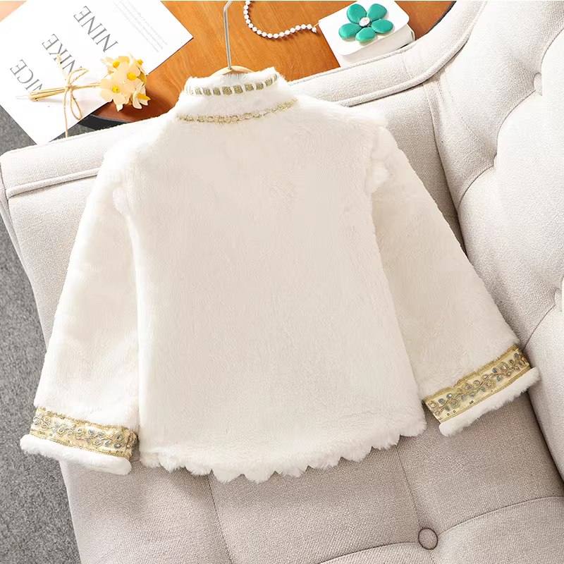 Váy Mamian cho bé gái, trang phục Tết có lông cừu, kiểu mới thu đông 2025, trang phục Tết kiểu Trung Hoa cho trẻ em.