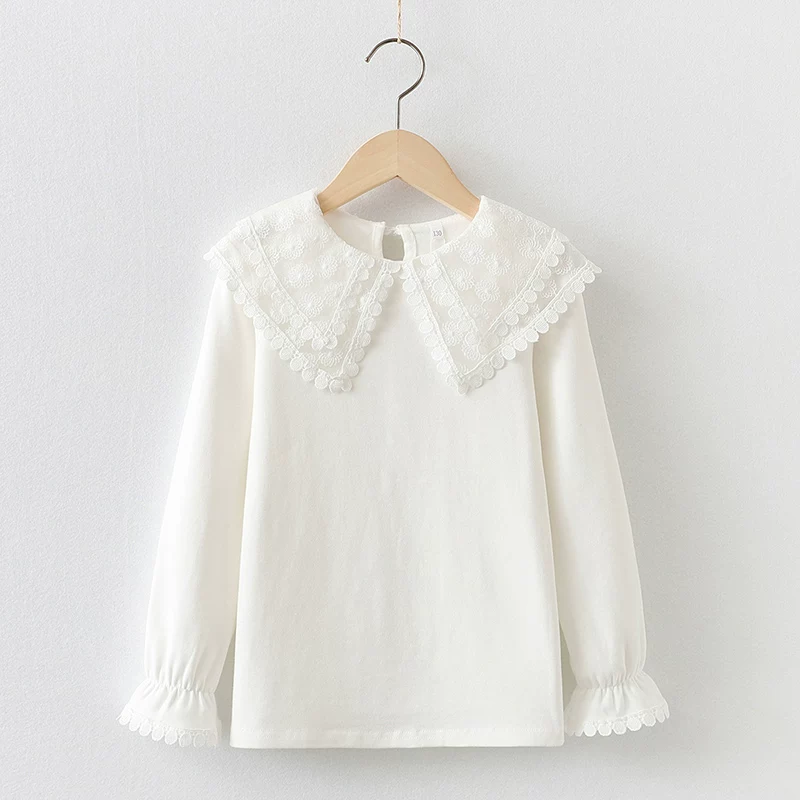 Áo lót bé gái cho mùa xuân và mùa thu, áo trắng cổ búp bê cho trẻ em, chất liệu cotton nguyên chất có lông cừu, áo thun dài tay cho trẻ lớn, mùa thu đông.
