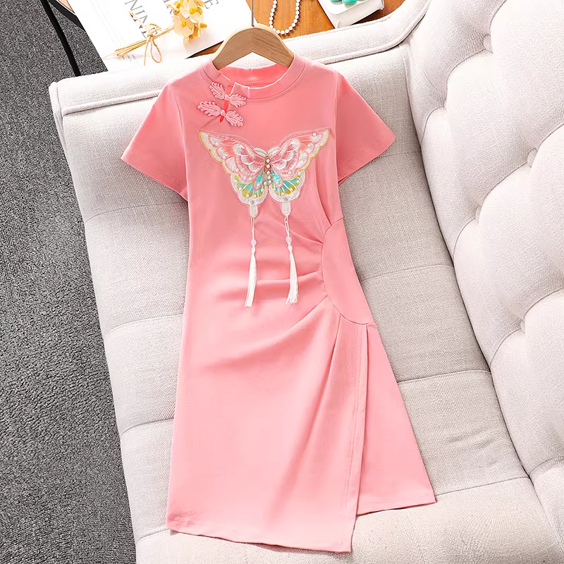 Váy kiểu Trung Hoa cho bé gái mặc mùa hè 2025 kiểu mới váy áo thun ngắn tay cho bé gái lớn mùa hè váy Hanfu sườn xám