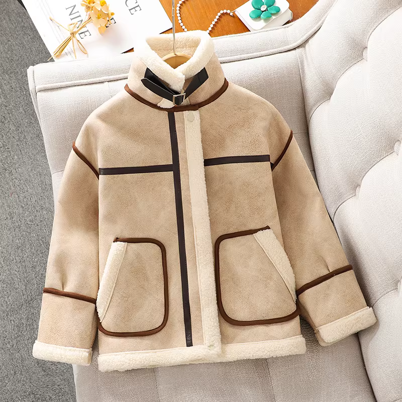Áo khoác dày lót lông cừu mùa đông cho bé gái mới 2025, áo khoác lông thú liền thân mùa thu đông cho trẻ em