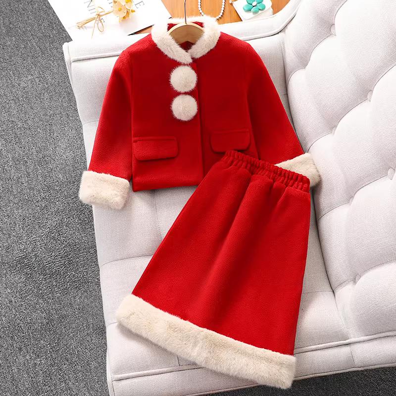 Trang phục năm mới phong cách Chanel nhỏ nhắn cho bé gái 2025 Thu/Đông Quần áo năm mới màu đỏ cho bé gái lớn Váy chúc mừng năm mới dày dặn