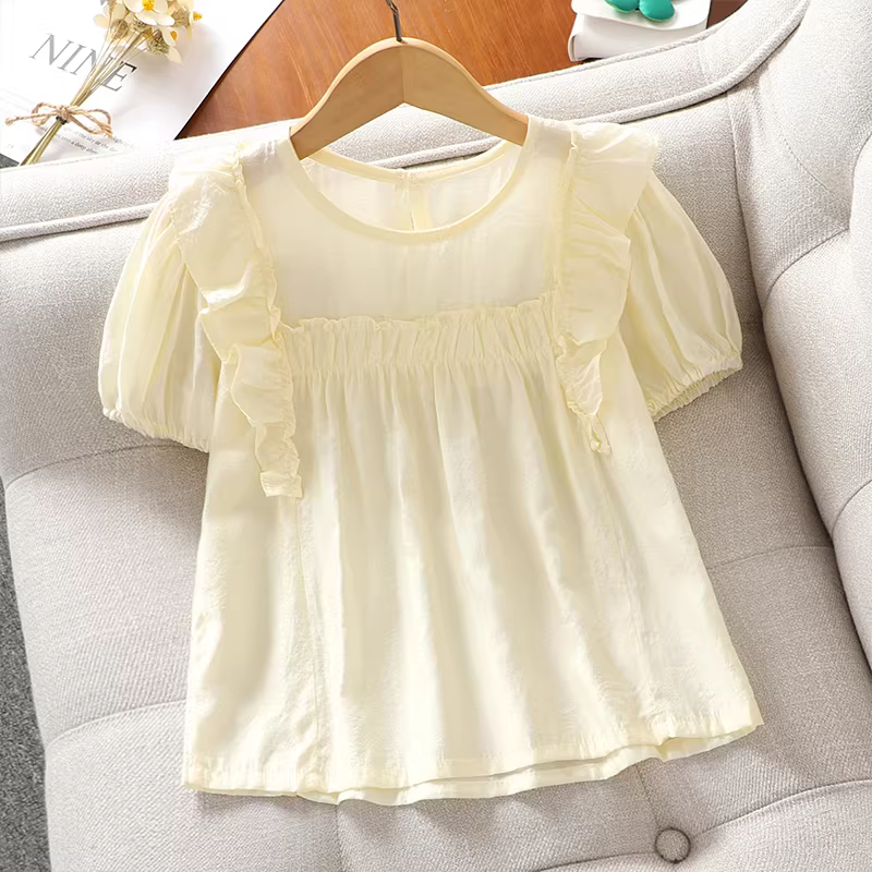 Bộ đồ nữ bé gái tay ngắn mùa hè 2025, thời trang trẻ em mới, áo sơ mi tay ngắn phong cách Hàn Quốc, quần culottes, bộ hai mảnh, quần áo mùa hè