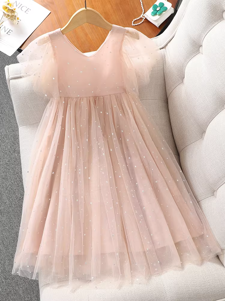 Váy bé gái mùa hè 2025 kiểu mới, váy công chúa cổ V, váy tutu trắng, váy mùa hè trẻ em