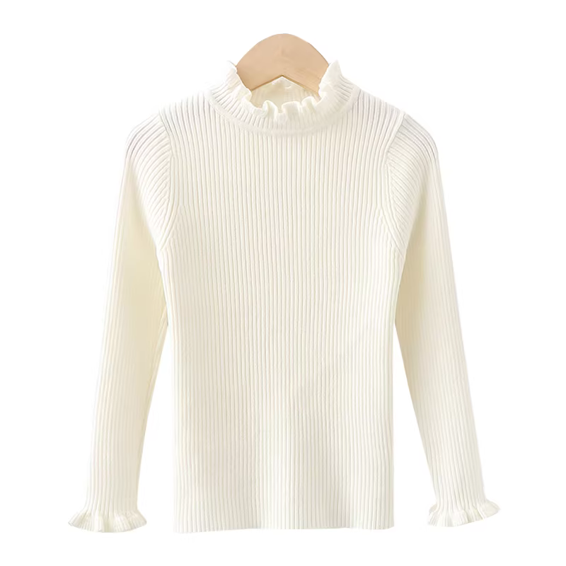 Áo len cổ lọ nửa cao cho bé gái, kiểu mới mùa đông 2025, lót lông cừu, viền bèo nhún, áo len mặc trong cho trẻ em.