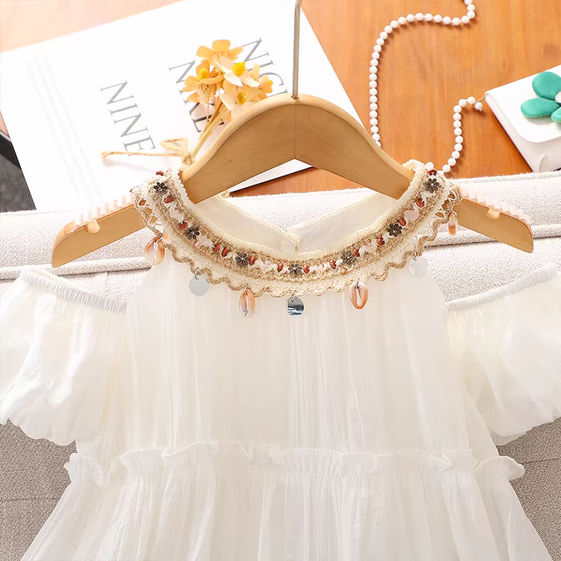 Váy trễ vai mùa hè kiểu mới 2025 cho bé gái, váy dạo phố thường ngày, váy voan đi biển cho trẻ em