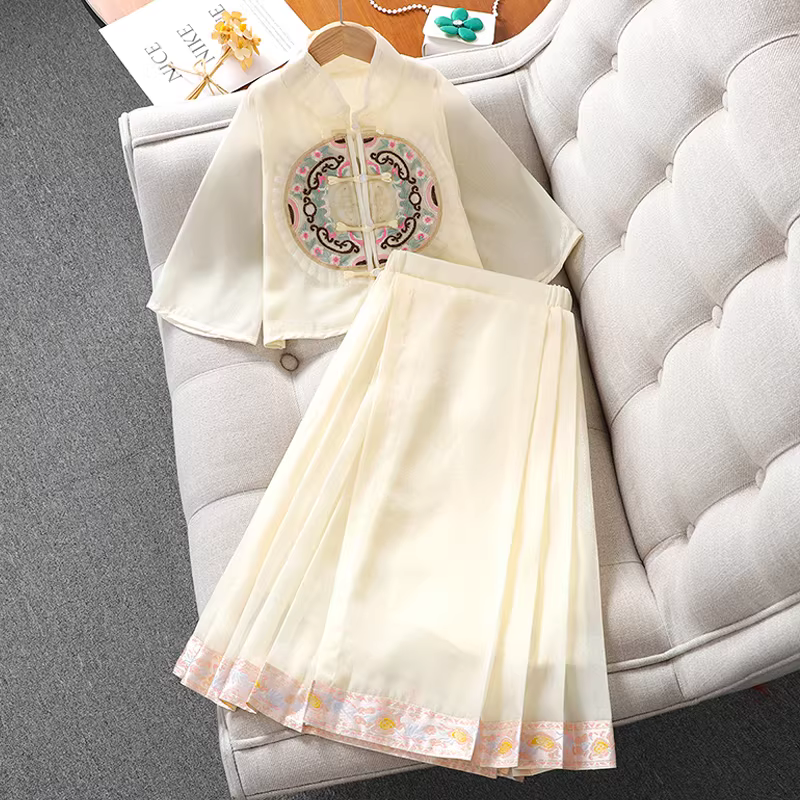 Bộ Hanfu hai mảnh cho bé gái, kiểu mới 2025 dành cho bé gái lớn hơn, áo cardigan và váy thêu phong cách Trung Hoa, bộ mỏng mùa hè