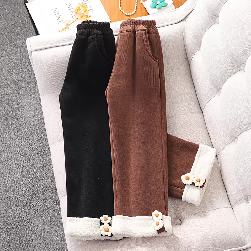Quần ống đứng lót lông cừu cho bé gái Quần áo mùa đông Quần ống rộng dáng rộng cho trẻ em mùa thu đông 2025 Quần thường ngày cho bé gái kiểu mới