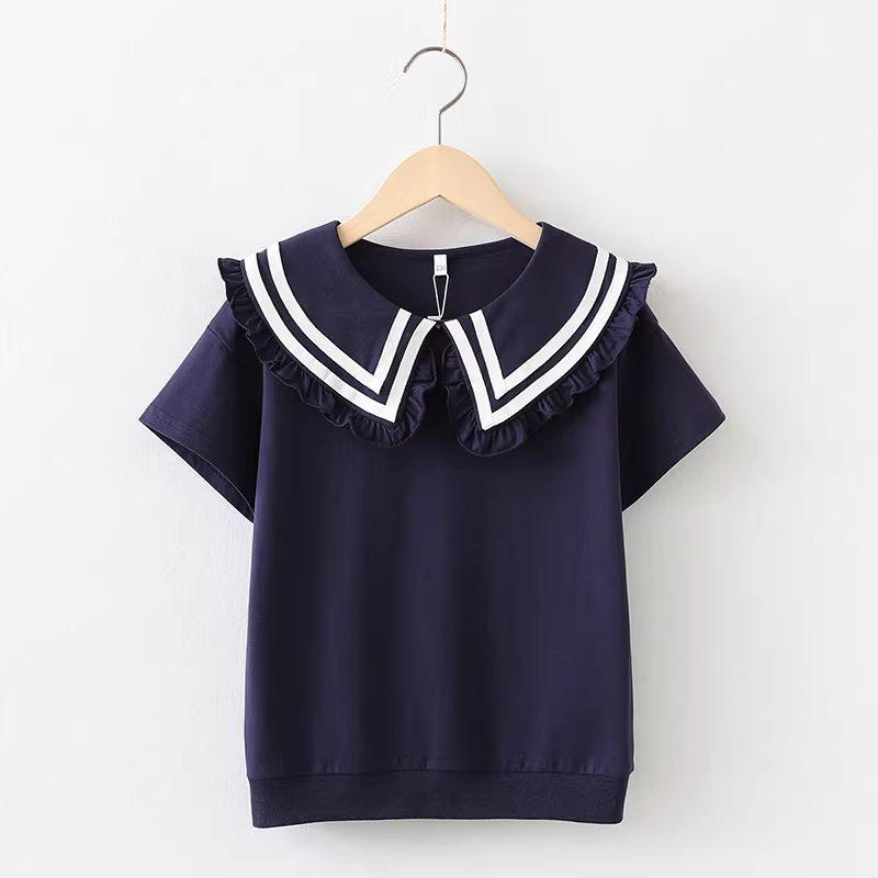 Áo thun bé gái mùa hè ngắn tay chất liệu cotton nguyên chất kiểu dáng mới thời trang dành cho trẻ em cỡ trung đến lớn áo nửa tay kiểu dáng hải quân dành cho trẻ em mặc mùa hè 9