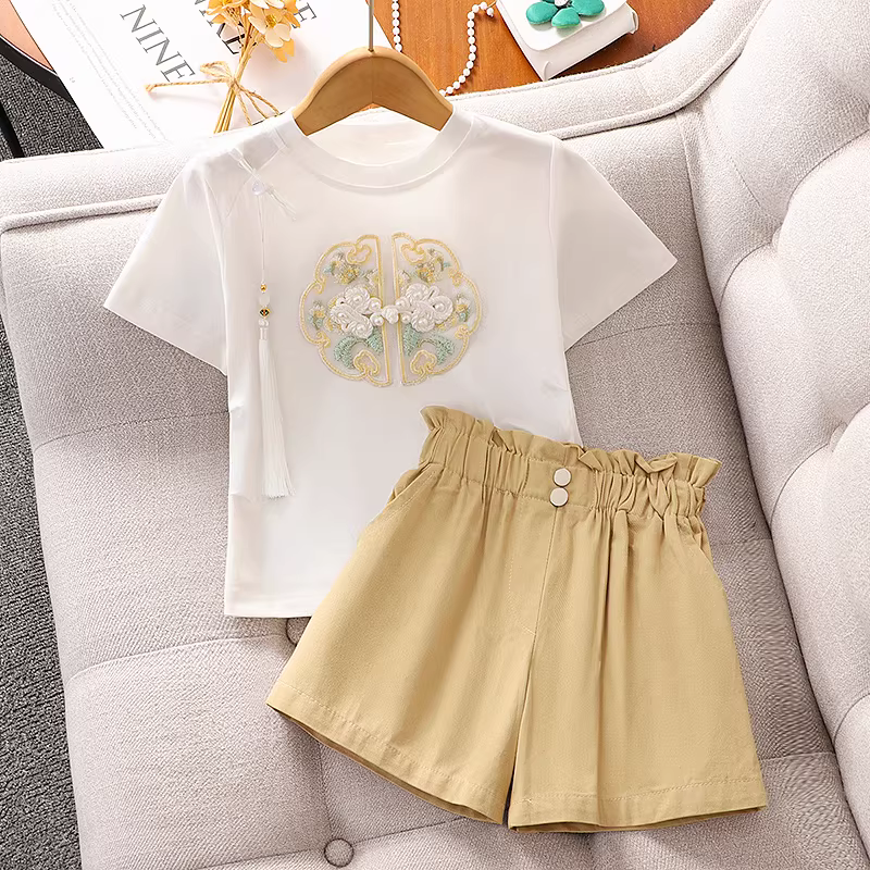 Bộ trang phục mùa hè cho bé gái 2025 kiểu mới, áo kiểu Trung Quốc tay ngắn, chất liệu mỏng, quần thể thao mùa hè cho bé gái
