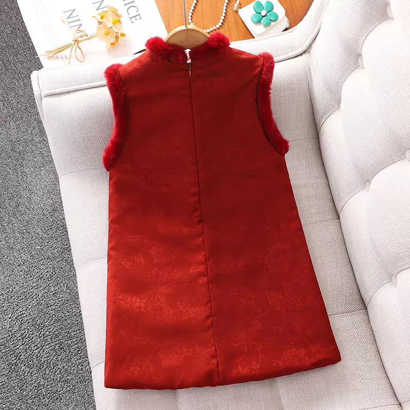 Quần áo năm mới của bé gái váy sườn xám đỏ trang phục mùa đông 2025 váy chào mừng năm mới của trẻ em mùa thu đông trang phục Tết Nguyên đán của Trung Quốc