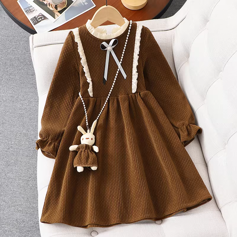 Váy bé gái thu đông 2024 kiểu mới, váy công chúa đỏ cho bé lớn có lớp lông cừu, trang phục Tết thiếu nhi