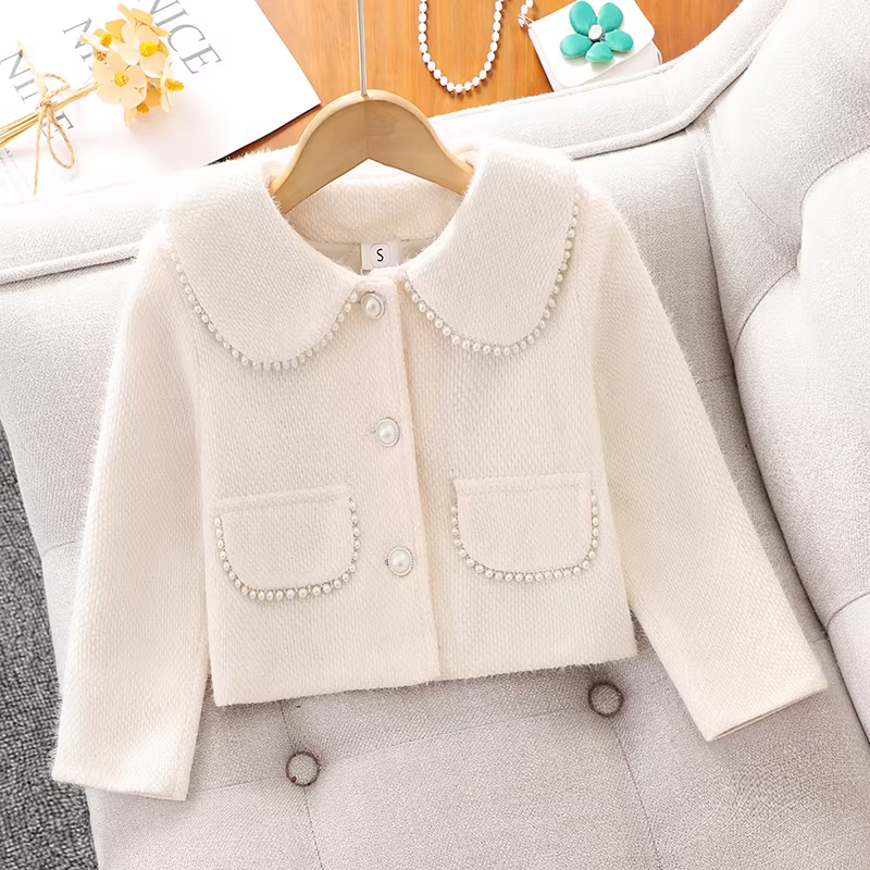 Váy áo khoác phong cách Chanel dành cho bé gái, trang phục mùa đông dành cho bé gái lớn hơn, lót lông cừu, váy cao cấp, bộ đồ thu đông cho trẻ em