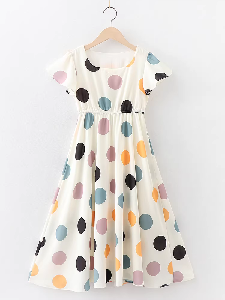 Váy voan bé gái, váy mùa hè, chấm bi ôm eo, vạt áo rộng, váy dài đến đầu gối, váy đi biển cho trẻ em, kiểu dáng mỏng