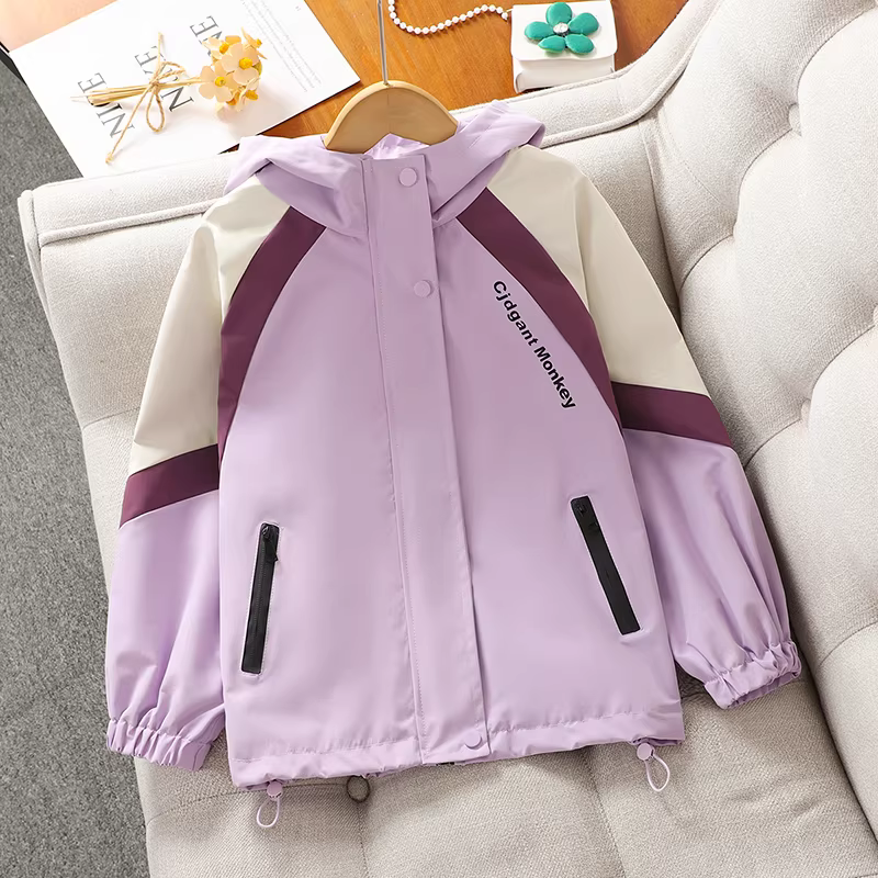 Áo khoác thể thao ngoài trời có mũ trùm đầu cho bé gái mùa thu 2025, áo khoác trẻ em chống thấm nước mới mùa xuân thu, áo khoác bé gái