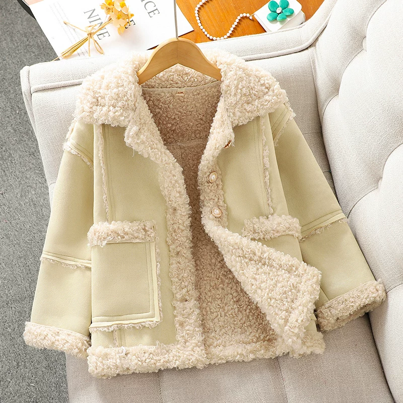 Áo khoác ngoài mùa đông cho bé gái kiểu mới 2025, áo khoác lông cừu dày dặn lót lông cashmere cho trẻ em, kiểu thu đông, áo khoác cotton ấm áp cho bé gái