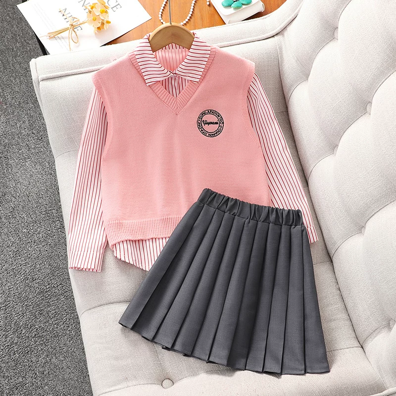 Bộ trang phục xuân thu cho bé gái, áo vest phong cách học sinh JK thời trang cho trẻ em, áo sơ mi, váy xếp ly ba món, váy mùa xuân cho bé gái.