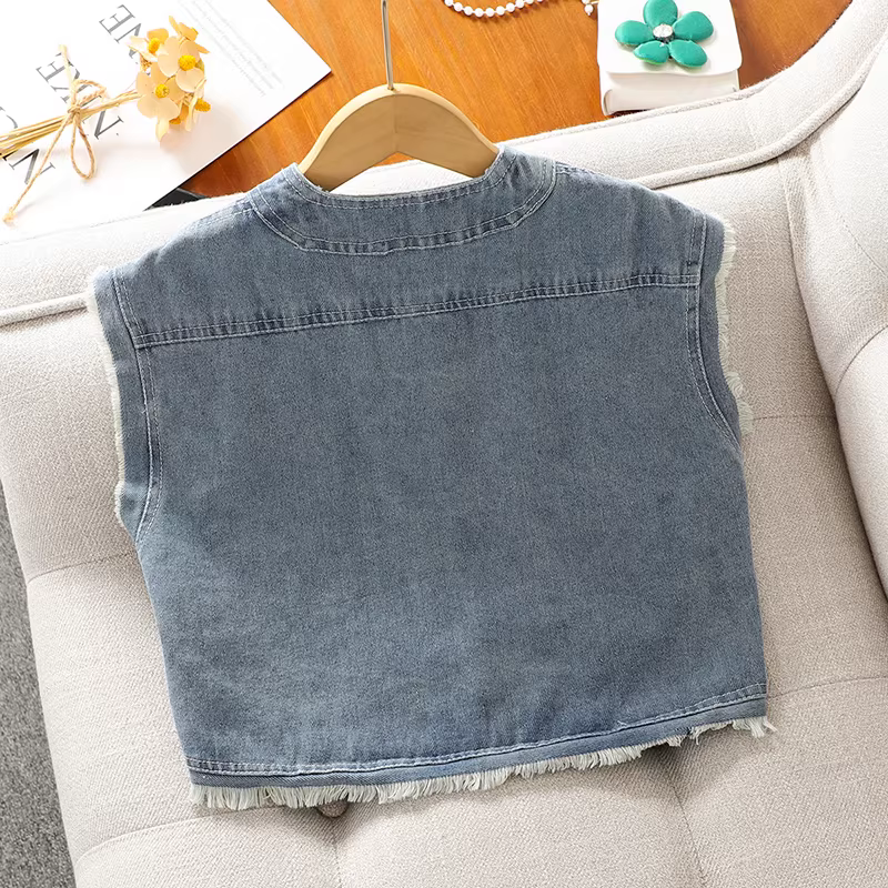 Bộ vest liền thân mùa thu 2025 kiểu mới cho bé gái, bộ đồ denim phong cách Trung Hoa hai mảnh dành cho bé gái lớn