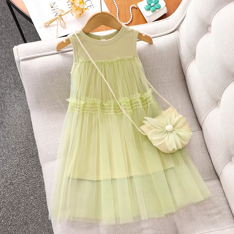 Váy hè bé gái 2025 kiểu mới, váy yếm hè trẻ em mỏng siêu tiên nữ, váy lưới công chúa