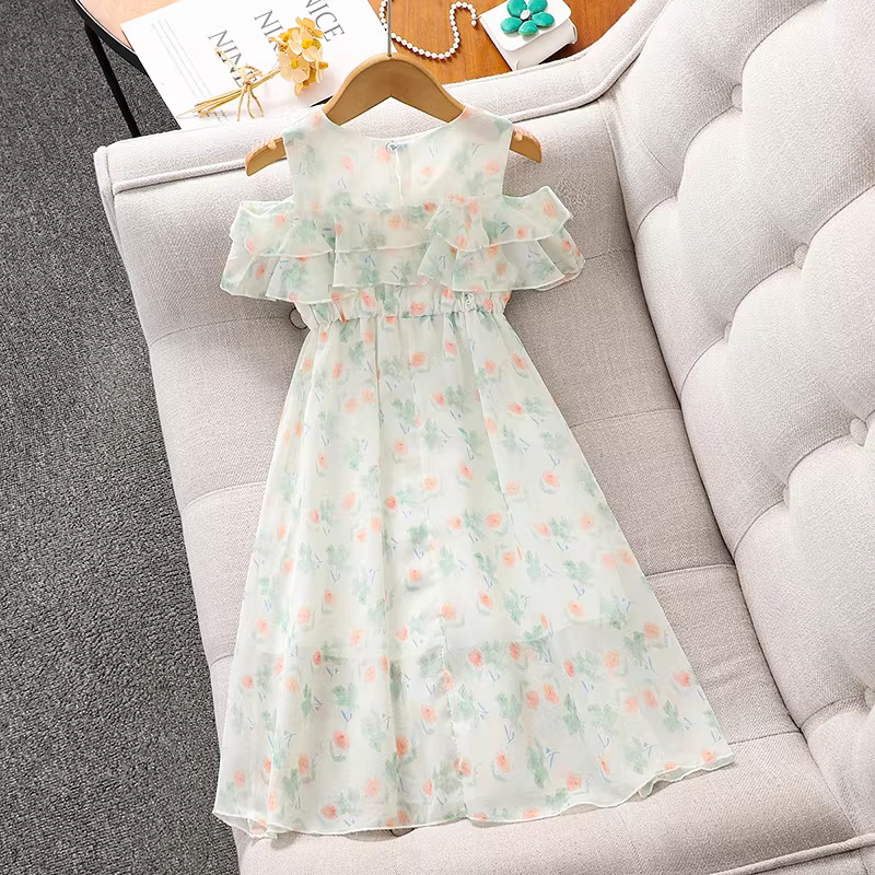 Váy hè lệch vai cho bé gái 2025, váy công chúa hoa nhí mới cho bé gái, váy voan hè cho bé gái