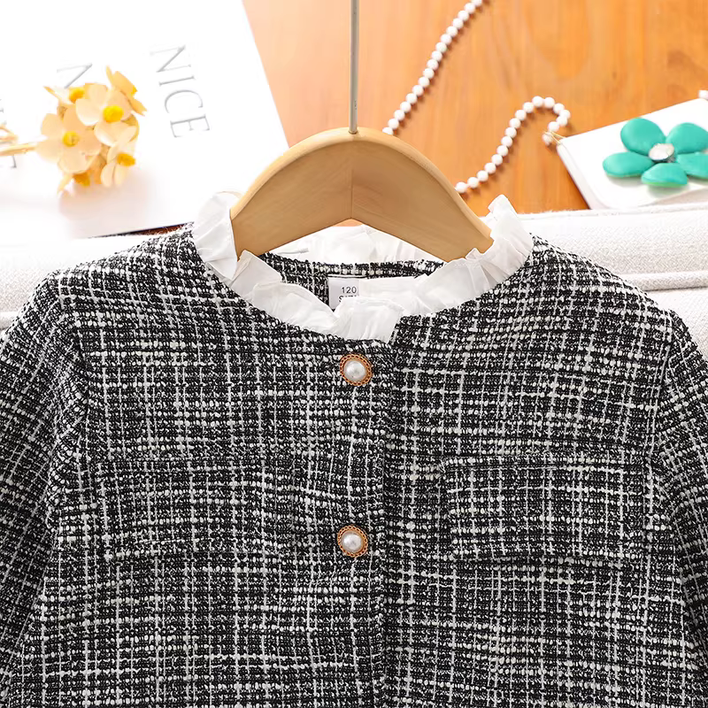 Bộ vest cao cấp phong cách Chanel cho bé gái, mẫu xuân hè 2025, áo khoác và chân váy kẻ caro hai mảnh