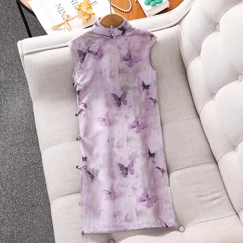 Váy sườn xám kiểu Trung Quốc mới dành cho bé gái lớn hơn, váy mùa hè không tay kiểu Hanfu, váy trẻ em mùa hè mới 2025.