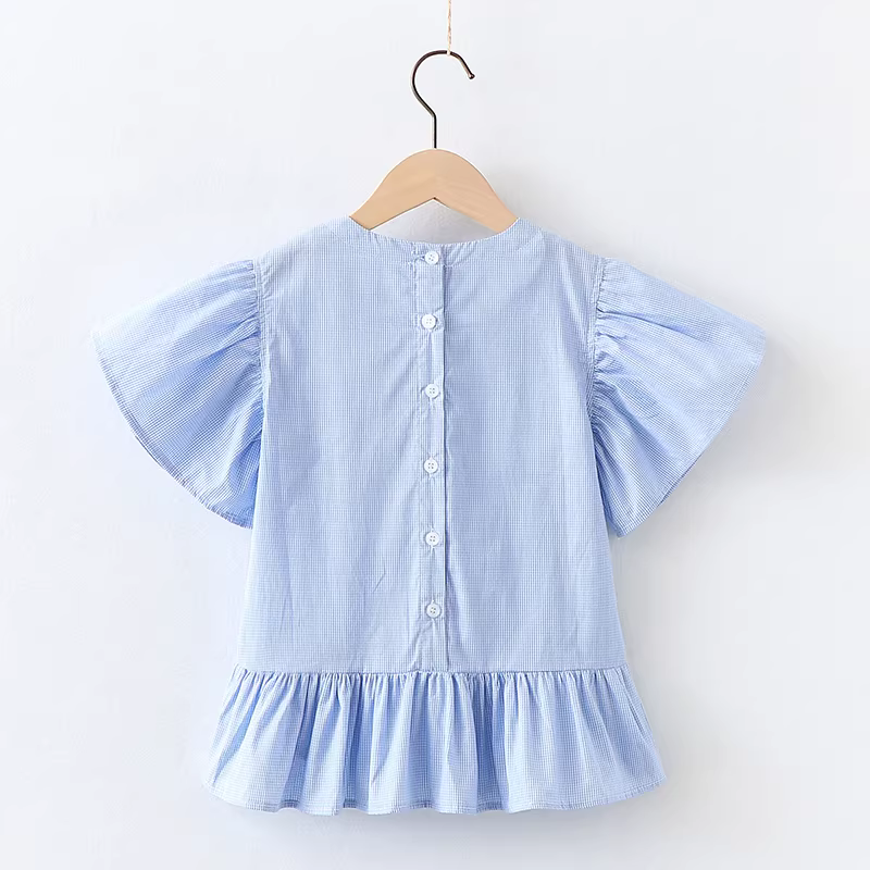 Áo thun cotton nguyên chất cho bé gái, kiểu mới hè 2025, áo thun sọc ngắn tay trẻ em, áo thun bèo nhún cho bé gái 9 tuổi