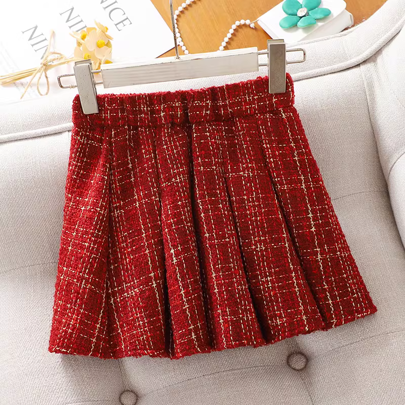 Trang phục Tết cho bé gái Quần áo mùa đông Quần áo Tết 2025 Quần áo Tết cho trẻ lớn Váy đỏ phong cách Chanel Bộ dày dặn cho trẻ em mùa thu đông