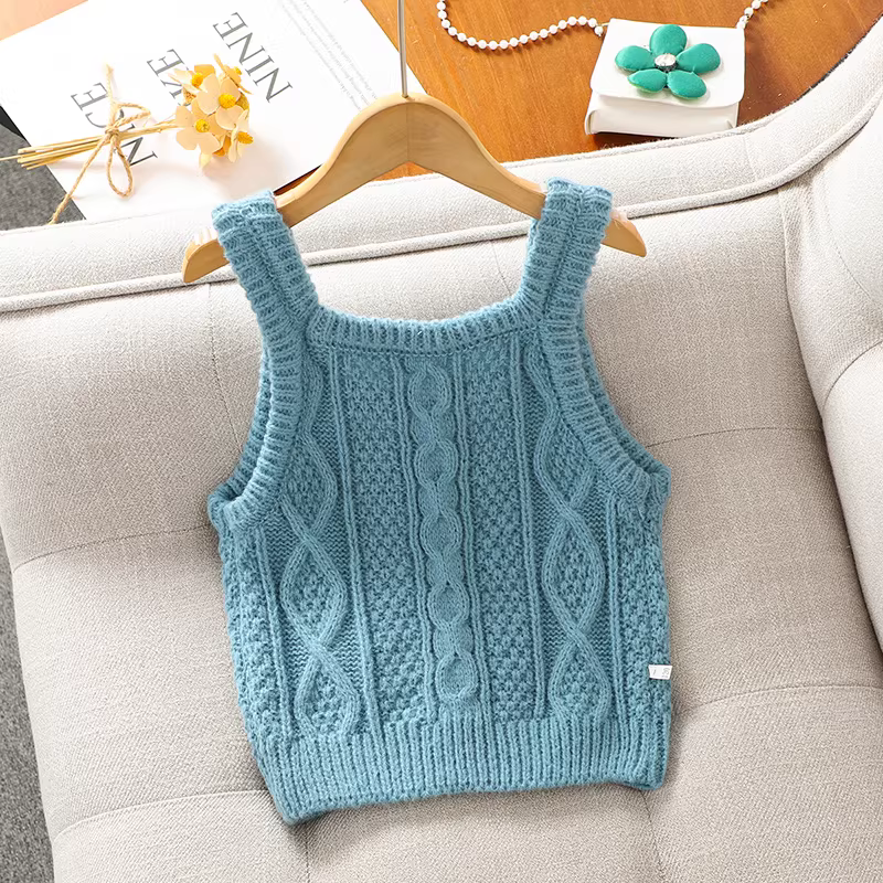 Bộ áo len dệt kim cho bé gái, kiểu mới xuân thu, áo tay phồng, bộ hai mảnh thu đông 2025