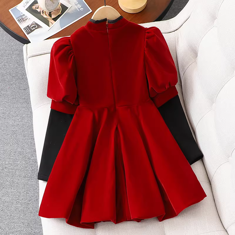 Váy sườn xám thu đông bé gái 2025 kiểu mới, váy nhung trẻ em phong cách mùa đông, váy công chúa đỏ phong cách dân tộc