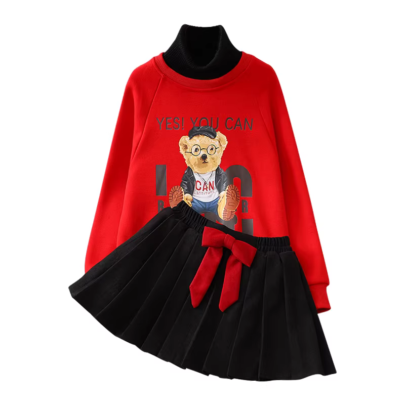 Bộ đồ nỉ bé gái thu đông 2025 kiểu dáng mới màu đỏ thời trang Tết, áo sweatshirt và chân váy hai mảnh size trung và lớn