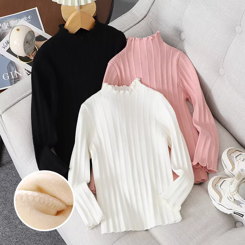 Áo len dệt kim màu trắng cho trẻ em mùa thu đông, áo len bé gái cổ cao nửa cổ, kiểu dáng mới cho bé gái lớn, áo lót lót lông cừu.