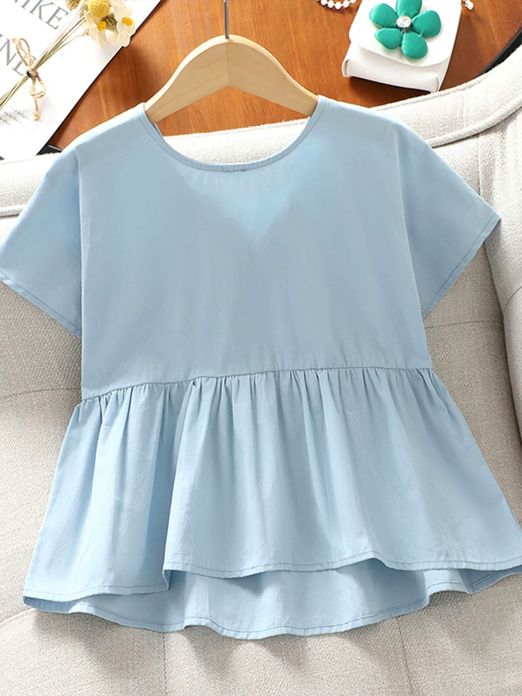 Áo sơ mi búp bê cho bé gái mùa hè màu trắng phong cách mới Quần áo trẻ em cotton nguyên chất áo ngắn tay mùa hè Áo sơ mi bé gái phong cách Hàn Quốc mặc mùa hè