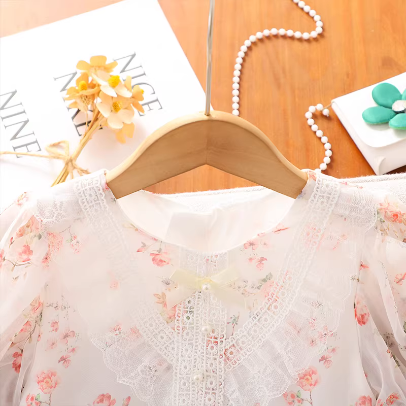Váy voan mùa hè bé gái 2025 mẫu mới, váy ngắn tay họa tiết hoa, váy mùa hè mỏng, váy công chúa bé gái