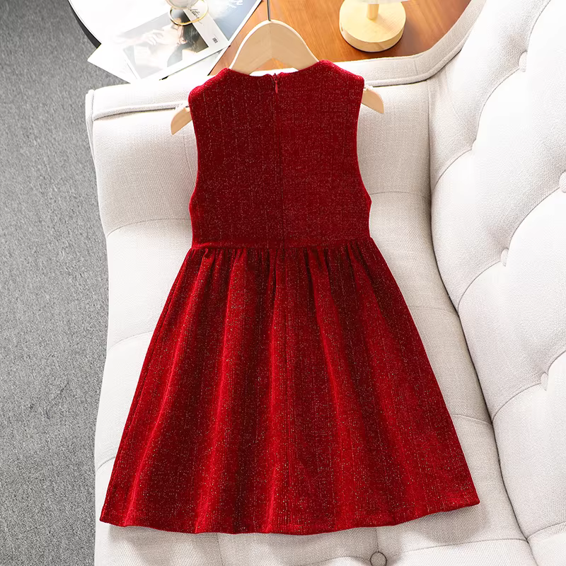 Váy đỏ bé gái thu đông 2025, trang phục Tết, váy yếm trẻ em, trang phục chào mừng năm mới cho bé gái