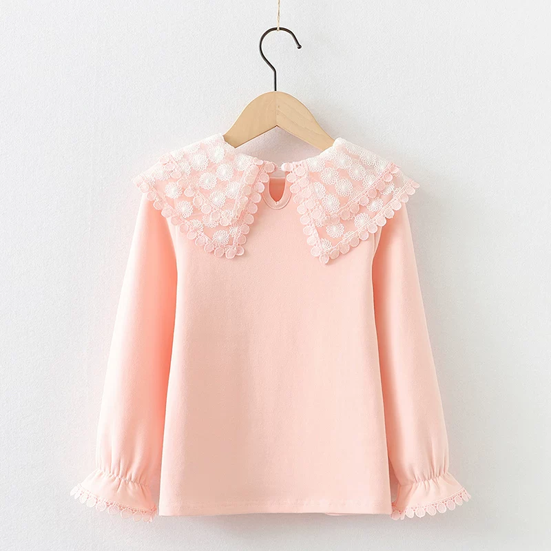 Áo lót bé gái cho mùa xuân và mùa thu, áo trắng cổ búp bê cho trẻ em, chất liệu cotton nguyên chất có lông cừu, áo thun dài tay cho trẻ lớn, mùa thu đông.