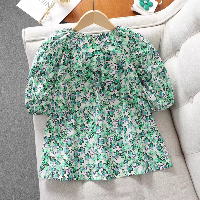 Áo sơ mi babydoll cho bé gái, phong cách mùa hè mới, áo sơ mi hoa một vai cho trẻ em, áo cotton nguyên chất ngắn tay rộng rãi mùa hè cho trẻ lớn