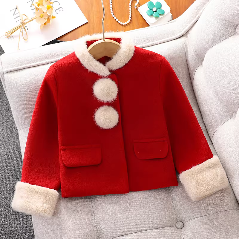 Trang phục năm mới phong cách Chanel nhỏ nhắn cho bé gái 2025 Thu/Đông Quần áo năm mới màu đỏ cho bé gái lớn Váy chúc mừng năm mới dày dặn