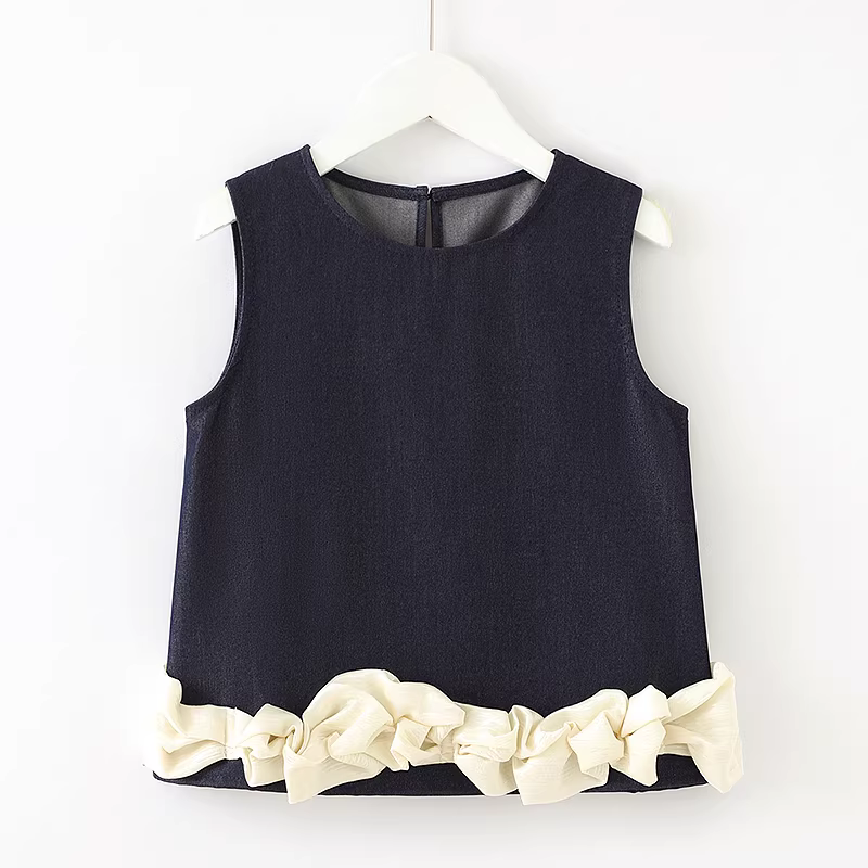 Bộ đồ nữ bé gái hè 2025 kiểu mới, áo vest không tay quần ống rộng, bộ hai mảnh denim trẻ em mùa hè phong cách thường ngày