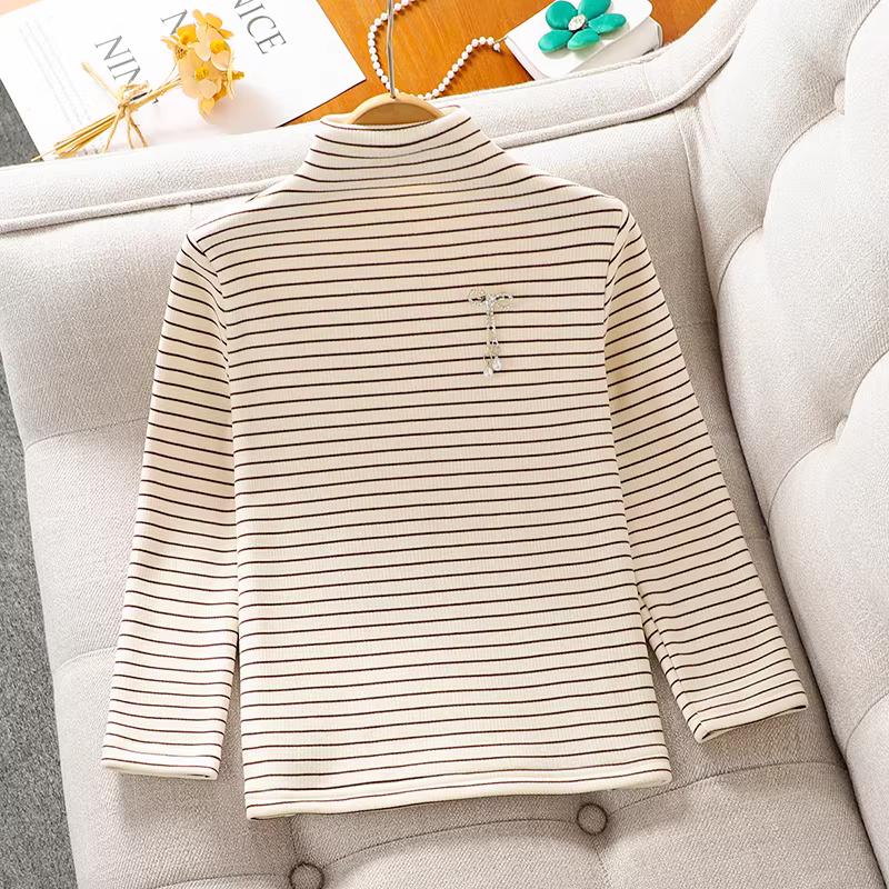 Áo thun kẻ sọc thu đông 2025 kiểu mới cho bé gái, lót lông cừu, dày dặn, ấm áp, quần áo mùa thu cho bé gái lớn, trang phục mùa đông.
