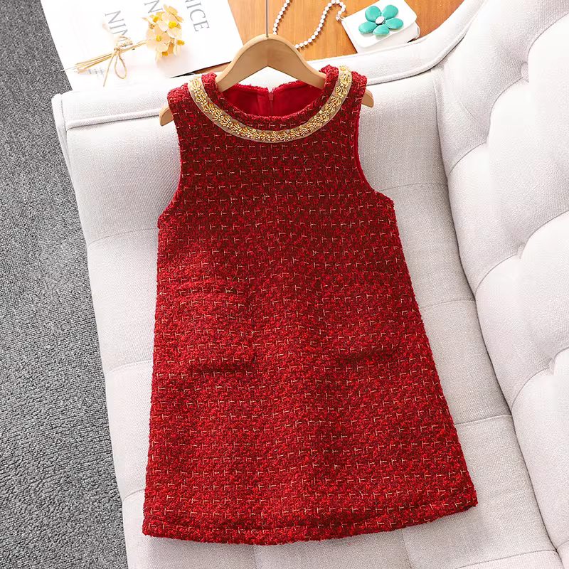 Bộ trang phục Tết kiểu Chanel dành cho bé gái, váy Tết đỏ cho bé gái lớn, váy áo len mùa thu đông.