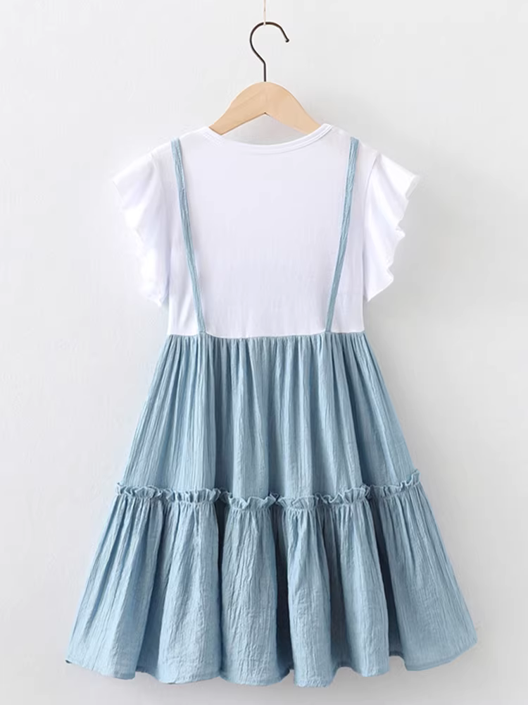 Váy bé gái hè 2025 chất liệu cotton nguyên chất, kiểu dáng thời trang, váy công chúa cho bé lớn, kiểu hai mảnh giả, váy ngắn