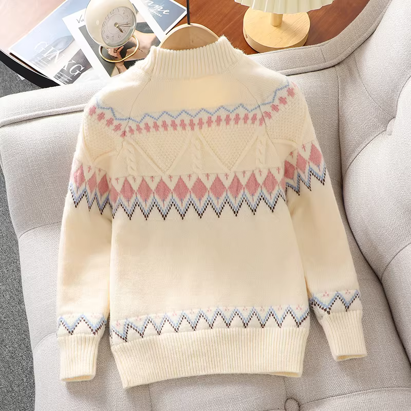 Áo len bé gái thu đông 2025 kiểu dáng mới thời trang, áo lót dày dặn lót lông cừu cho bé gái lớn, áo mùa đông