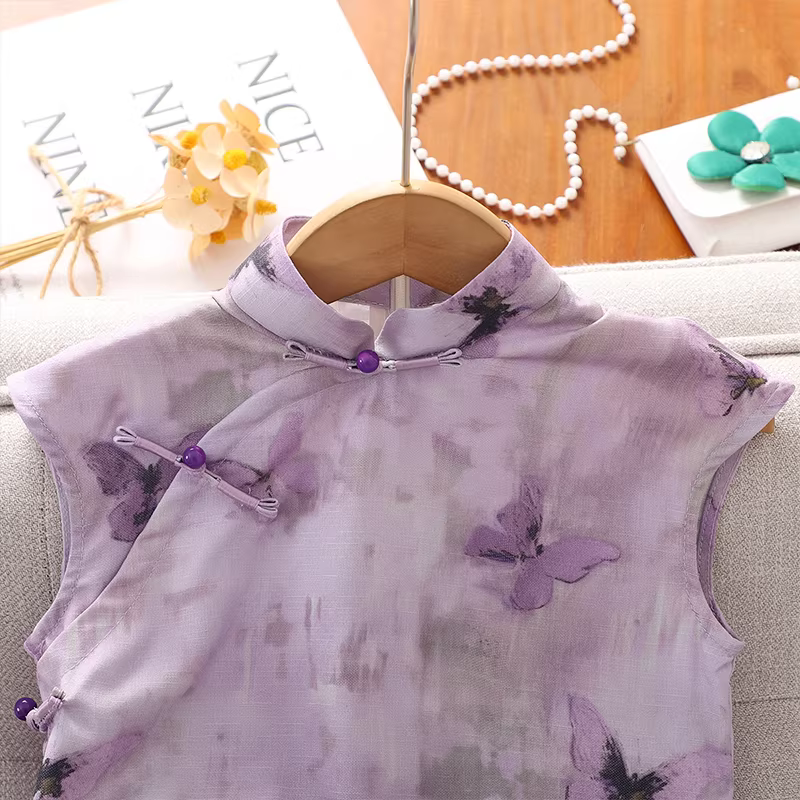 Váy sườn xám kiểu Trung Quốc mới dành cho bé gái lớn hơn, váy mùa hè không tay kiểu Hanfu, váy trẻ em mùa hè mới 2025.