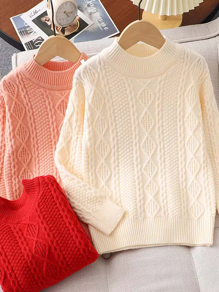 Áo len đỏ có lớp lót lông cừu dày dặn cho bé gái, mùa đông 2025, áo len đan kiểu mới thời trang cho bé gái lớn hơn.