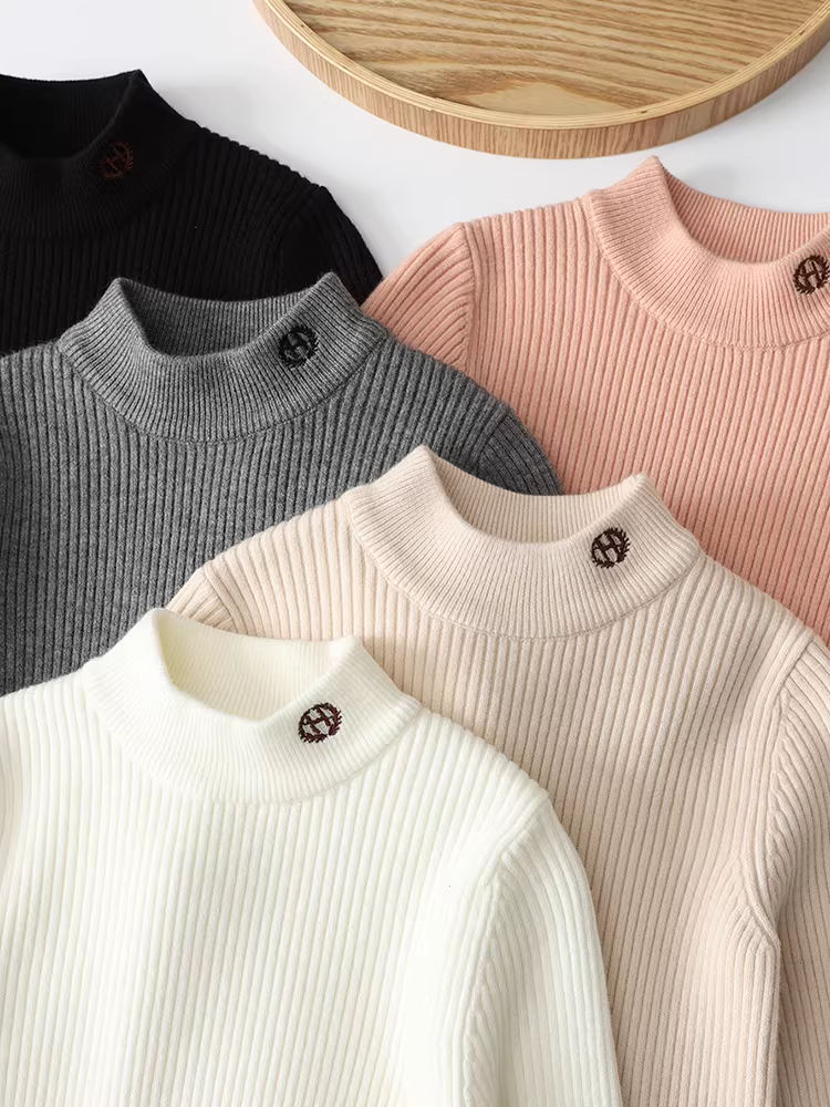 Áo len lót giữ nhiệt cho bé gái mùa thu đông 2025 kiểu mới, size trung và lớn, áo len dệt kim có lớp lông cừu cho bé gái, áo lót cổ lọ nửa cao cho trẻ em