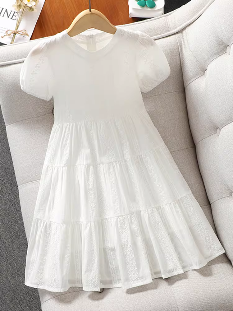 Váy công chúa trắng cho bé gái, kiểu mới hè 2025, váy hè trẻ em, chất liệu cotton mỏng, váy cho bé lớn, trang phục mùa hè.