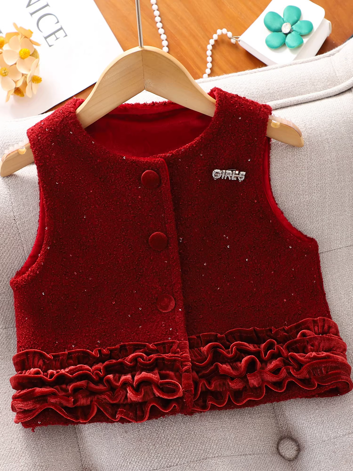 Bộ đầm bé gái thu đông mới 2025, áo len đỏ Tết thiếu nhi, bộ đồ Tết bé gái lót lông