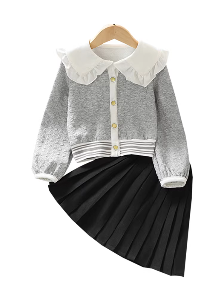 Bộ đồ bé gái xuân thu 2025 kiểu mới, thời trang cho bé lớn, trang phục mùa xuân, áo khoác cổ búp bê, chân váy xếp ly, bộ hai mảnh