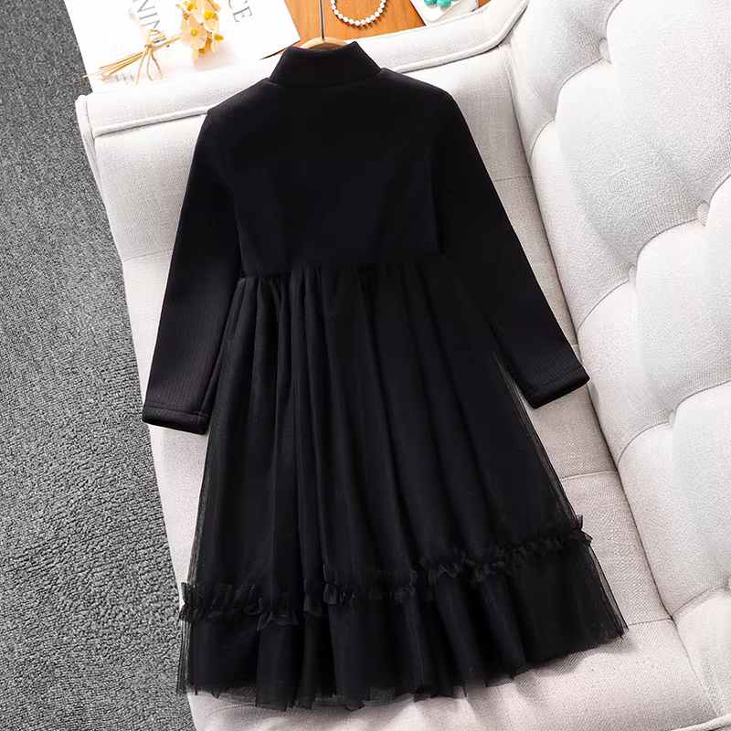 Váy bé gái thu đông 2025 kiểu mới, váy lót lông cừu cho bé gái lớn, quần áo mùa đông, váy công chúa voan đen