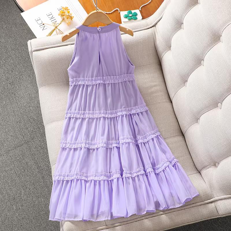 Váy kiểu dáng mùa hè cho bé gái, chất liệu chiffon, kiểu dây halter, váy công chúa đi biển, mẫu mới 2025